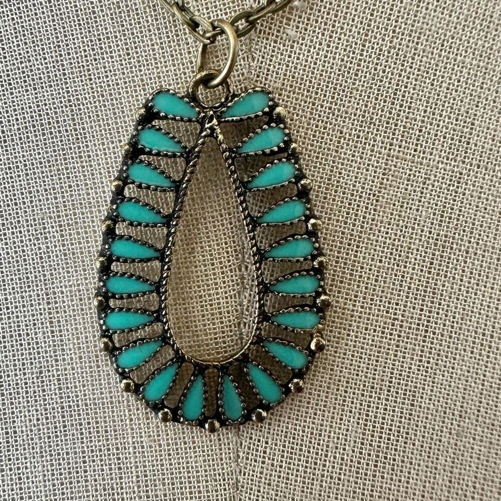 Boho Teardrop Pendant Necklace with Faux Turquoise Accents